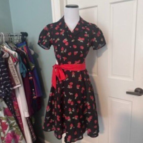 Unique Vintage Dresses & Skirts - Unique Vintage Black & Strawberries Wrap Dress